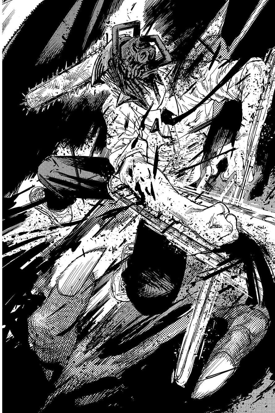 Chainsaw Man Denji in Intense Black and White Manga Action Panel HD phone wallpaper