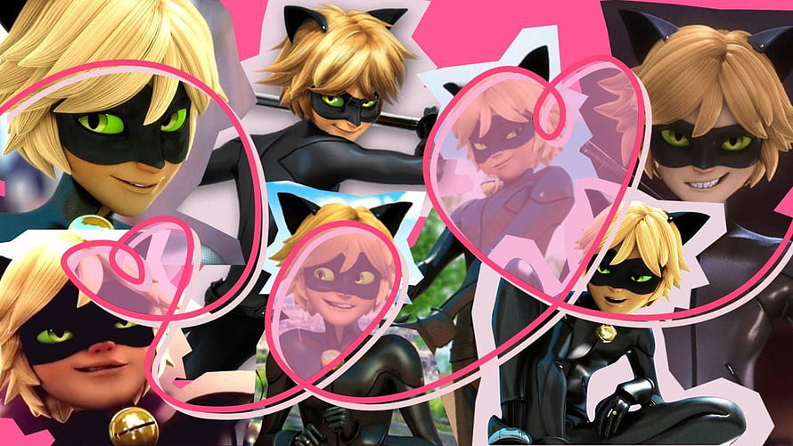 Adrien Agreste Cat Noir Collage from Miraculous Ladybug with Pink Hearts HD wallpaper