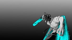 Denji Chainsaw Man Anime Character with Glowing Cyan Chainsaw Head and White Shirt HD wallpaper