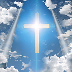 Luminous Christian Cross Radiating in Blue Sky with Clouds and Divine Light Beams HD phone wallpaper