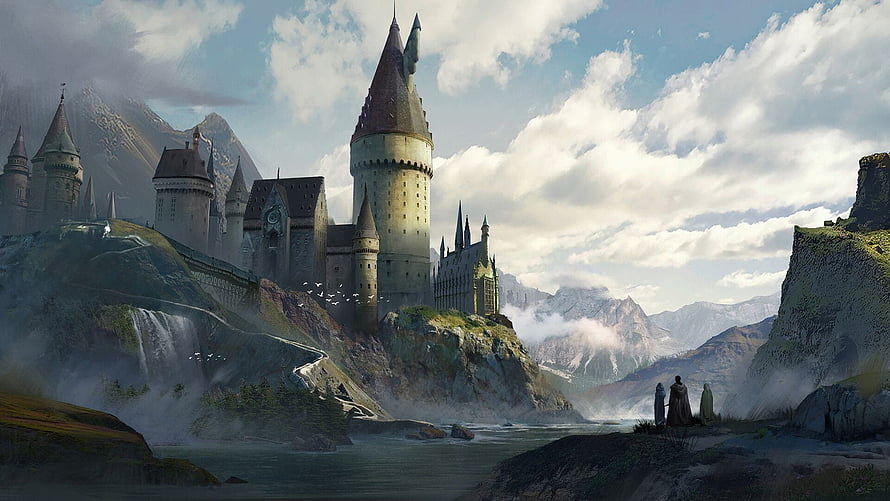 Hogwarts Castle Perched on a Misty Mountain Cliff with Waterfall and Distant Figures HD wallpaper