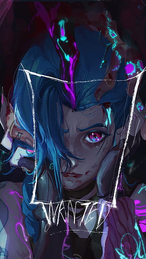 Jinx from Arcane in a dark digital illustration with neon accents and a wanted poster frame HD phone wallpaper
