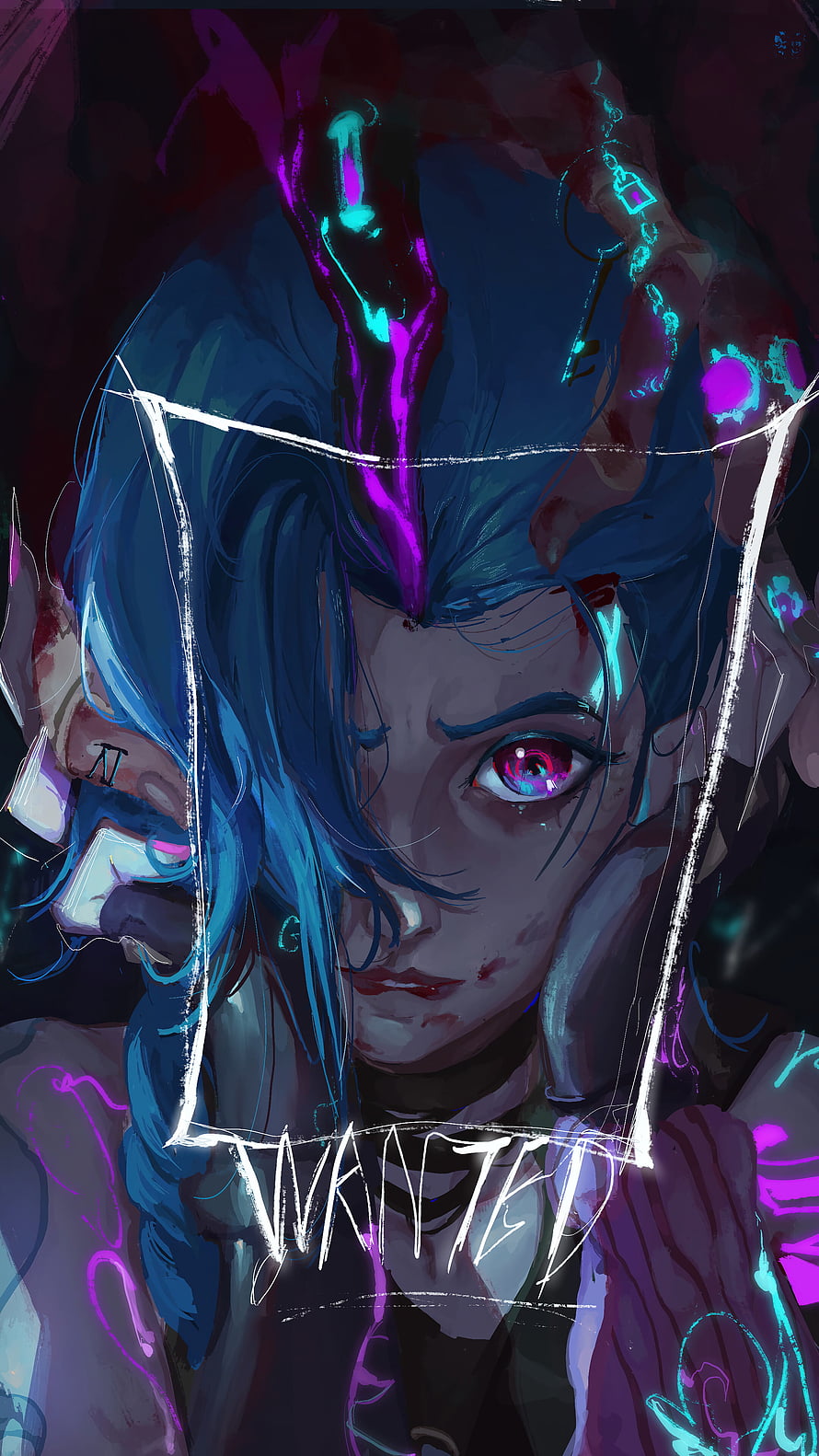 Jinx from Arcane in a dark digital illustration with neon accents and a wanted poster frame HD phone wallpaper