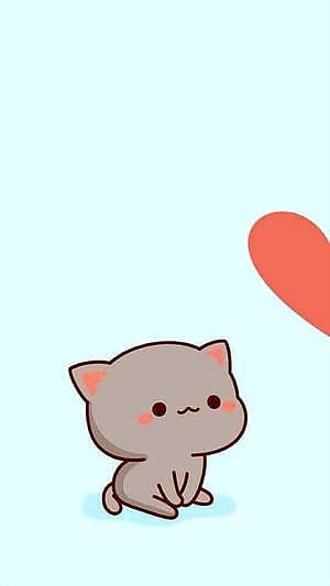 Adorable Kawaii Gray Kitten Sitting With Red Heart On Pastel Blue Background HD phone wallpaper