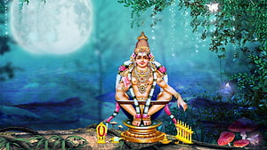 Lord Ayyappa Meditating Under a Full Moon in a Mystical Forest Setting HD wallpaper