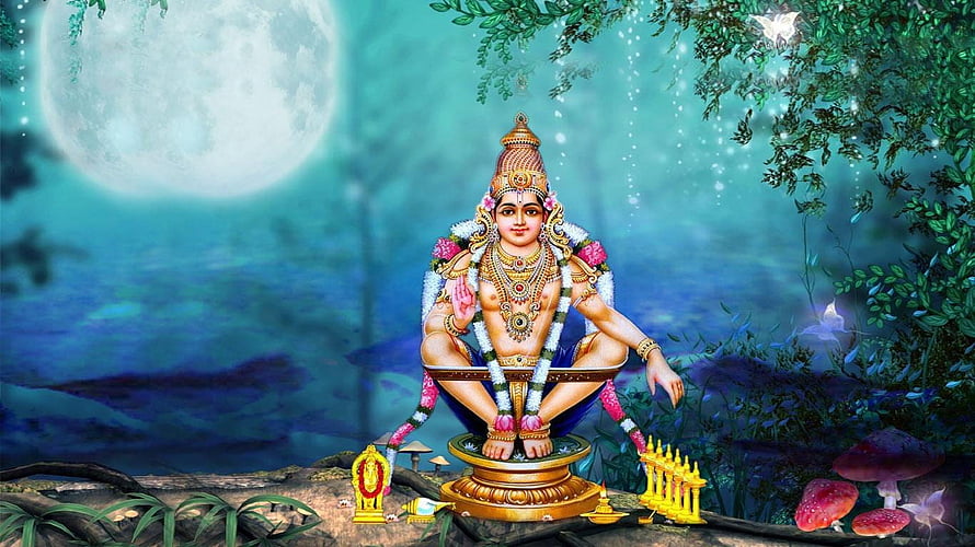 Lord Ayyappa Meditating Under a Full Moon in a Mystical Forest Setting HD wallpaper