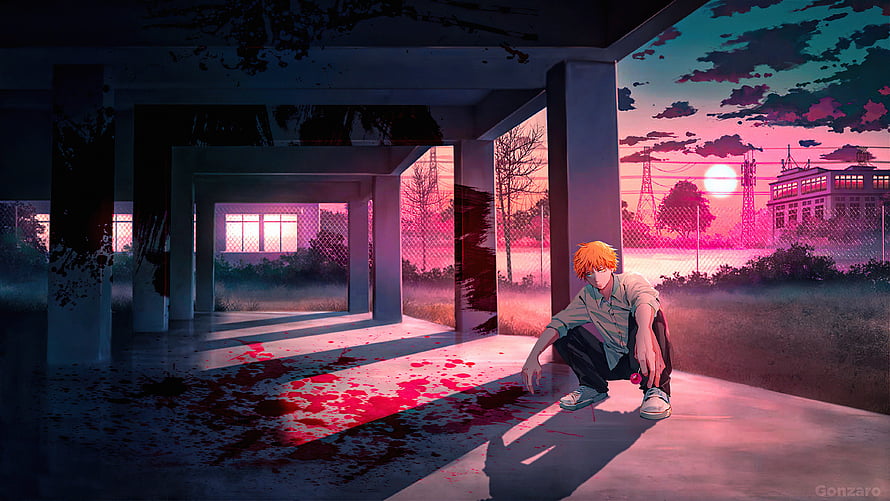 Denji from Chainsaw Man Crouching in an Abandoned Concrete Structure at Sunset HD wallpaper