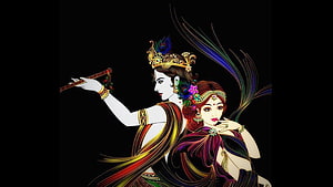 Radha Krishna Digital Art Illustration with Flute and Peacock Crown on Black Background HD wallpaper