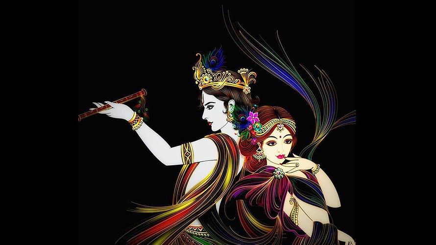 Radha Krishna Digital Art Illustration with Flute and Peacock Crown on Black Background HD wallpaper