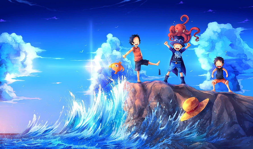 One Piece Anime Characters Celebrating on Rocky Outcrop Amidst Ocean Waves HD wallpaper