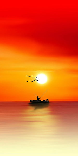 Silhouette of a lone fisherman in a small boat on calm water beneath a fiery orange sunset sky with birds in flight, Oppo Realme 2 & Realme 2 pro Stock in, #realme 2 pro HD phone wallpaper