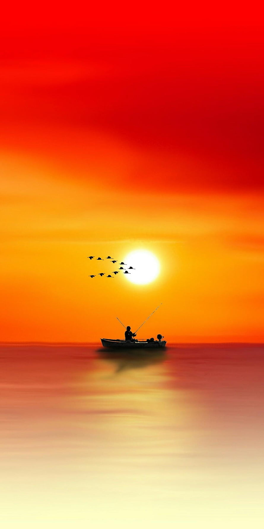 Silhouette of a lone fisherman in a small boat on calm water beneath a fiery orange sunset sky with birds in flight, Oppo Realme 2 & Realme 2 pro Stock in, #realme 2 pro HD phone wallpaper
