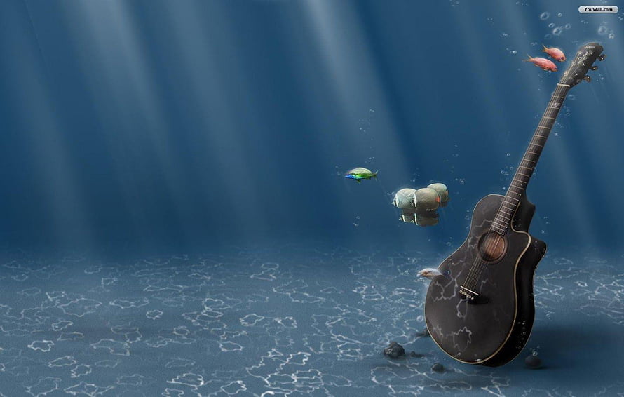 Underwater Acoustic Guitar with Floating Fish and Light Rays HD wallpaper