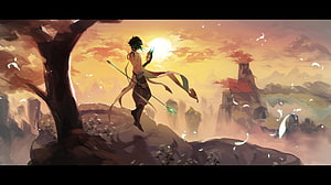 Xiao from Genshin Impact Standing on a Cliff at Sunset with Glowing Sword HD wallpaper