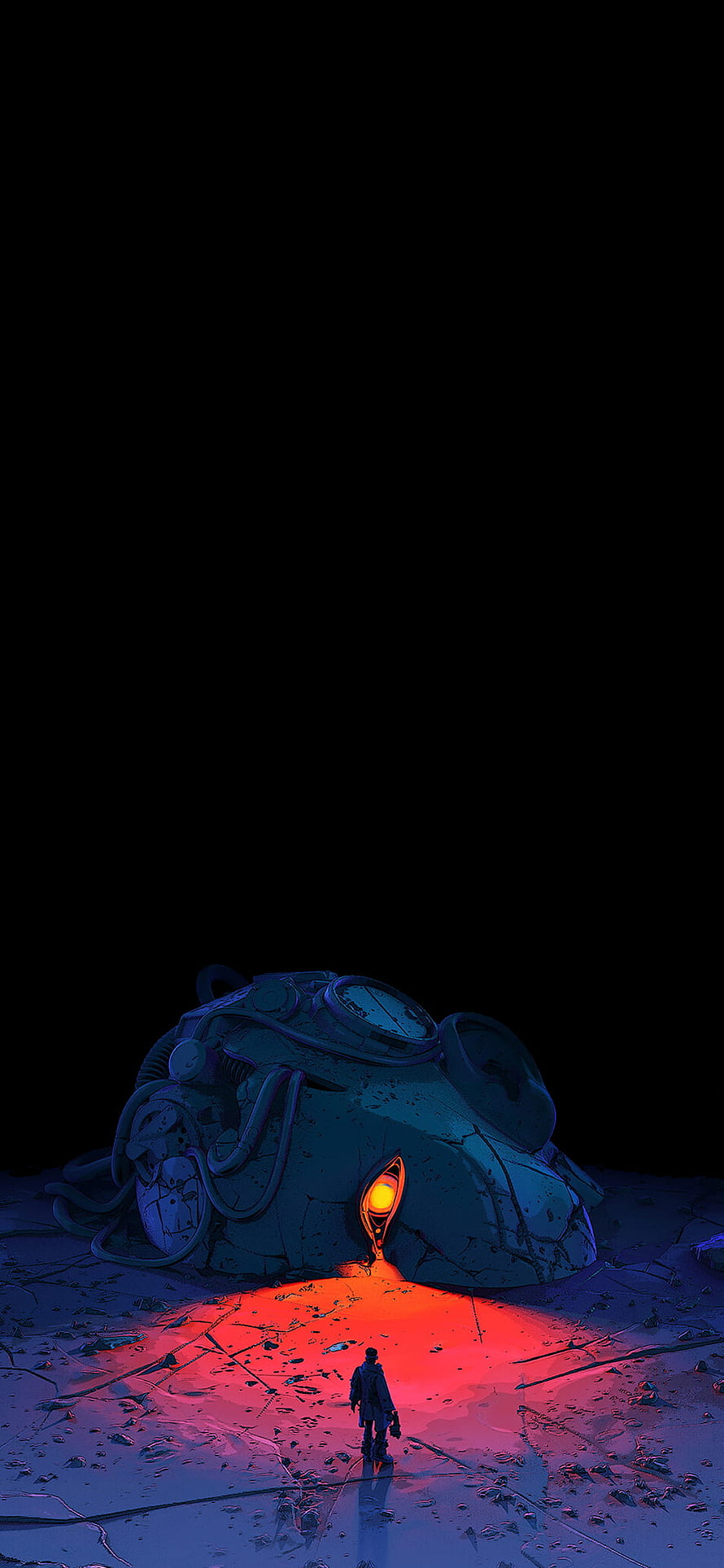 Blade Runner 2049 Concept Art: Lone Figure Before Glowing Alien Structure in Dark Void HD phone wallpaper