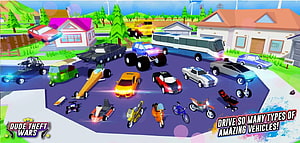Dude Theft Wars colorful 3D vehicle collection in a vibrant suburban town HD wallpaper