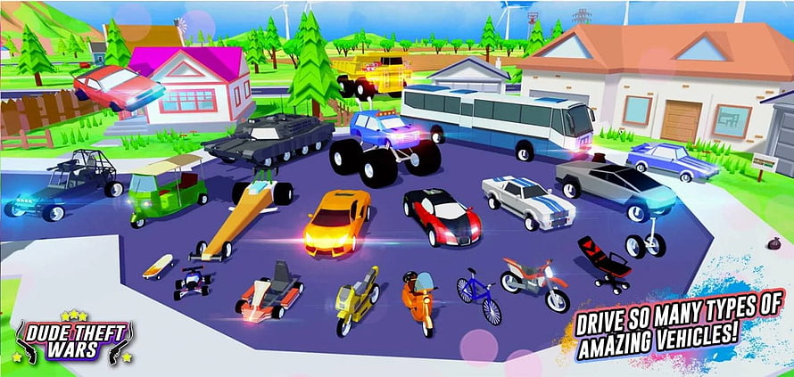 Dude Theft Wars colorful 3D vehicle collection in a vibrant suburban town HD wallpaper