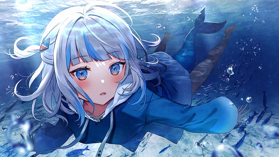 Gawr Gura Swimming Underwater in Blue Ocean with Fish School HD wallpaper