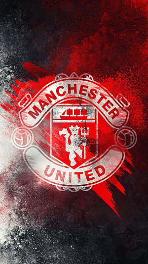 Manchester United Grunge Crest on Red and Black Splatter Background HD phone wallpaper
