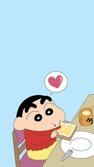 Crayon Shin-chan Enjoying Breakfast with Toast and a Heart Thought Bubble HD phone wallpaper