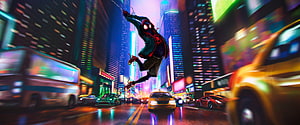 Miles Morales swinging through a neon-lit city street at night HD wallpaper
