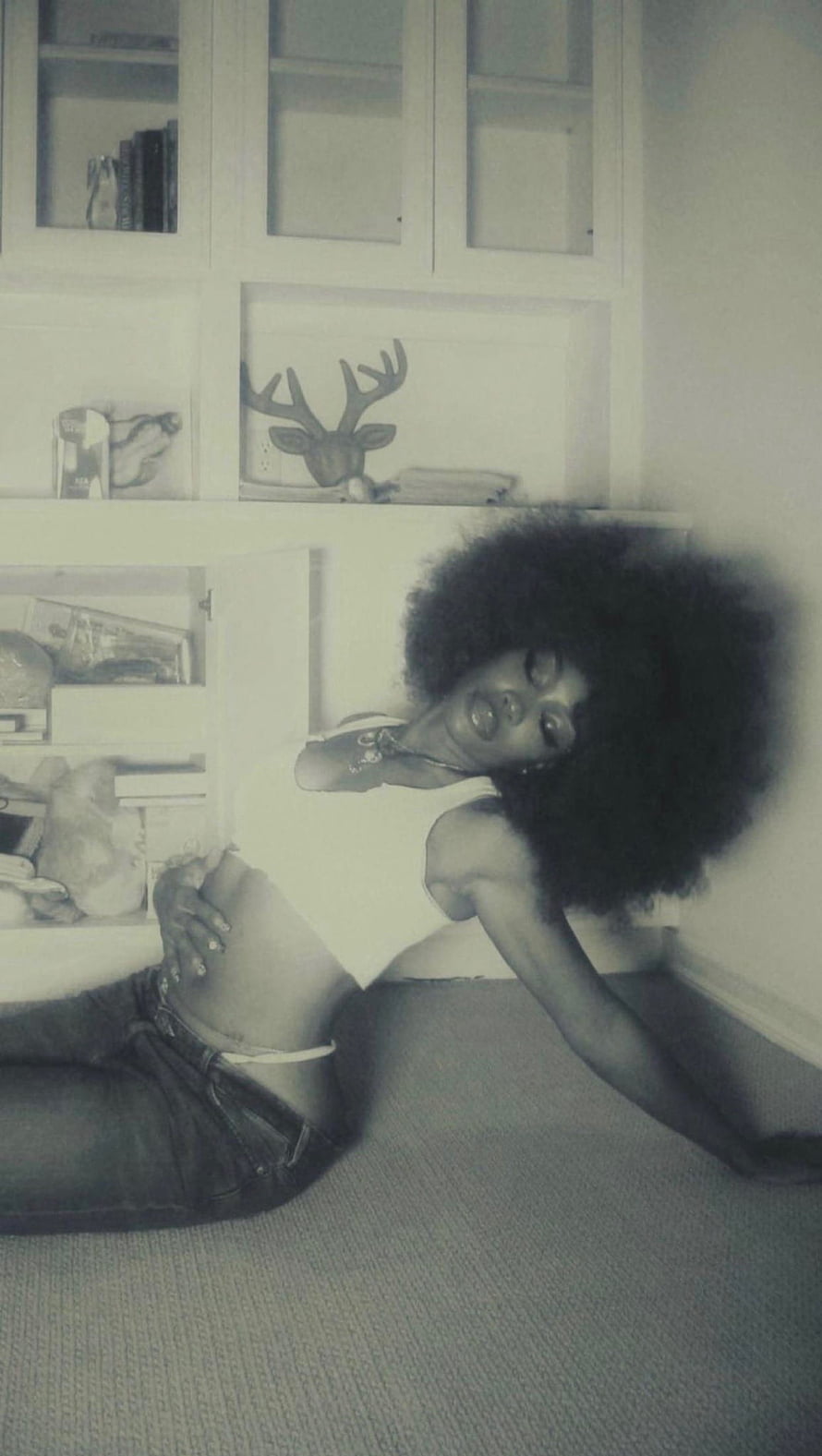 SZA in a monochrome portrait with a large afro, seated on a carpeted floor in a room with built-in shelving and a deer head wall art HD phone wallpaper