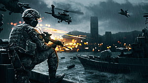 Soldier Firing Rifle Amidst Naval Battle With Helicopters And Jets In Rainy Storm HD wallpaper