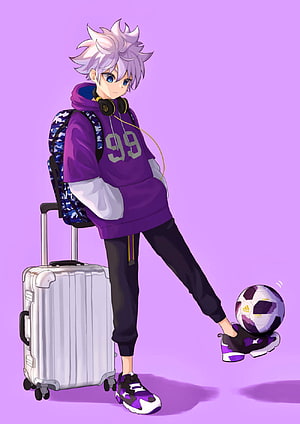 Killua Zoldyck Anime Character in Purple Streetwear with Rolling Suitcase and Soccer Ball HD phone wallpaper