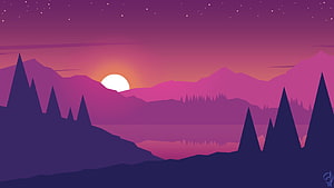 Purple Minimalist Mountain Landscape with Sunset and Starry Night Sky HD wallpaper