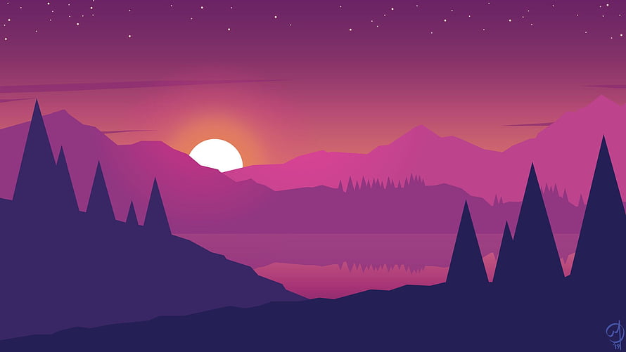 Purple Minimalist Mountain Landscape with Sunset and Starry Night Sky HD wallpaper