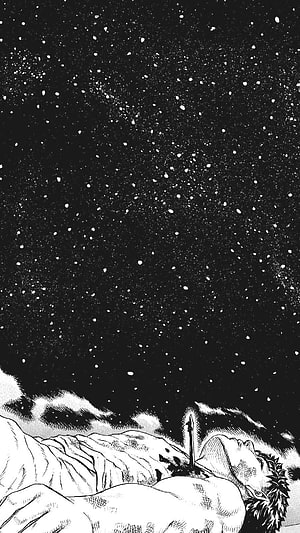 Berserk Manga Panel: Guts Lying Under a Starry Night Sky HD phone wallpaper