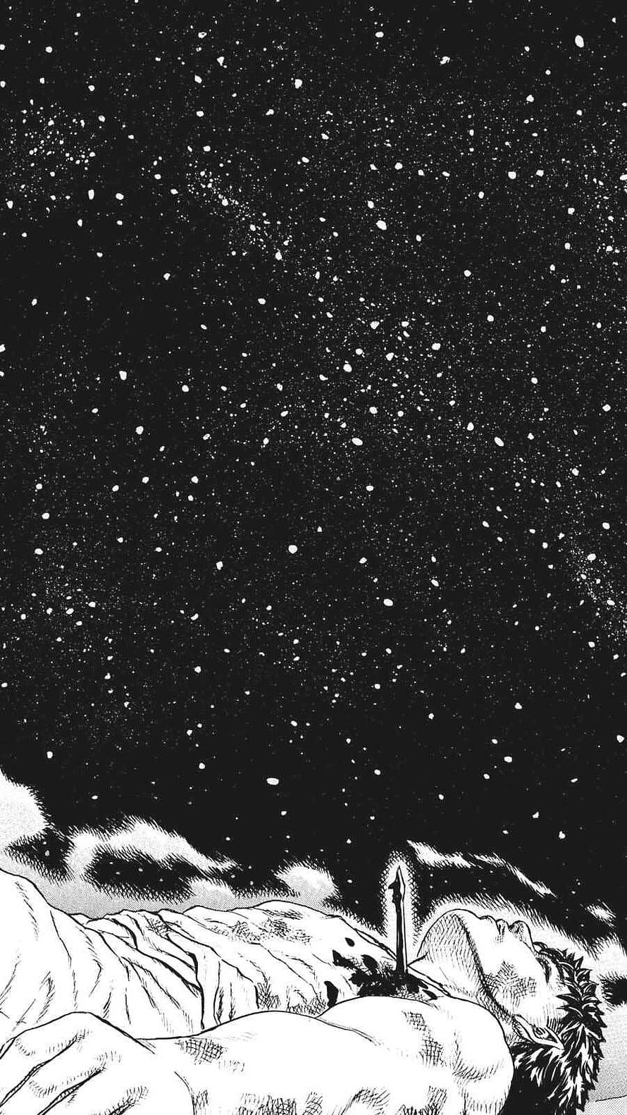 Berserk Manga Panel: Guts Lying Under a Starry Night Sky HD phone wallpaper