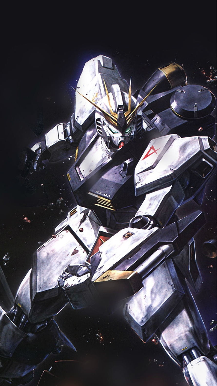 RX-93 Gundam Nu in Dramatic Space Combat with Battle Damage and Debris HD phone wallpaper