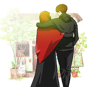 Muslim Couple Cartoon Illustration of a Hugging Pair in a Peaceful Garden Setting HD phone wallpaper