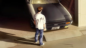 Initial D Anime Scene: Takumi Standing Before His Toyota AE86 Trueno in a Garage HD wallpaper