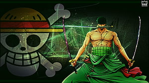 Roronoa Zoro New World Arc Dual Wielding Swords with Straw Hat Jolly Roger HD wallpaper