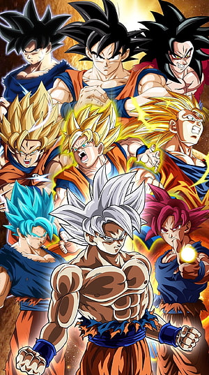 Goku All Transformations Lineup: Super Saiyan, Blue, Ultra Instinct, and Super Saiyan God HD phone wallpaper