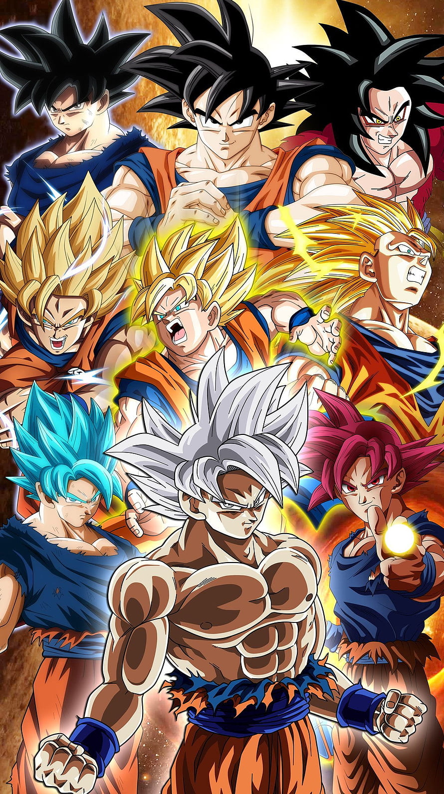 Goku All Transformations Lineup: Super Saiyan, Blue, Ultra Instinct, and Super Saiyan God HD phone wallpaper