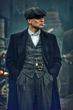 Tommy Shelby in Period Three-Piece Suit and Flat Cap with Cigarette HD phone wallpaper