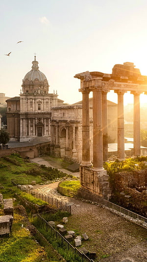 Ancient Roman Forum Ruins and Church in Rome Italy at Golden Hour HD phone wallpaper