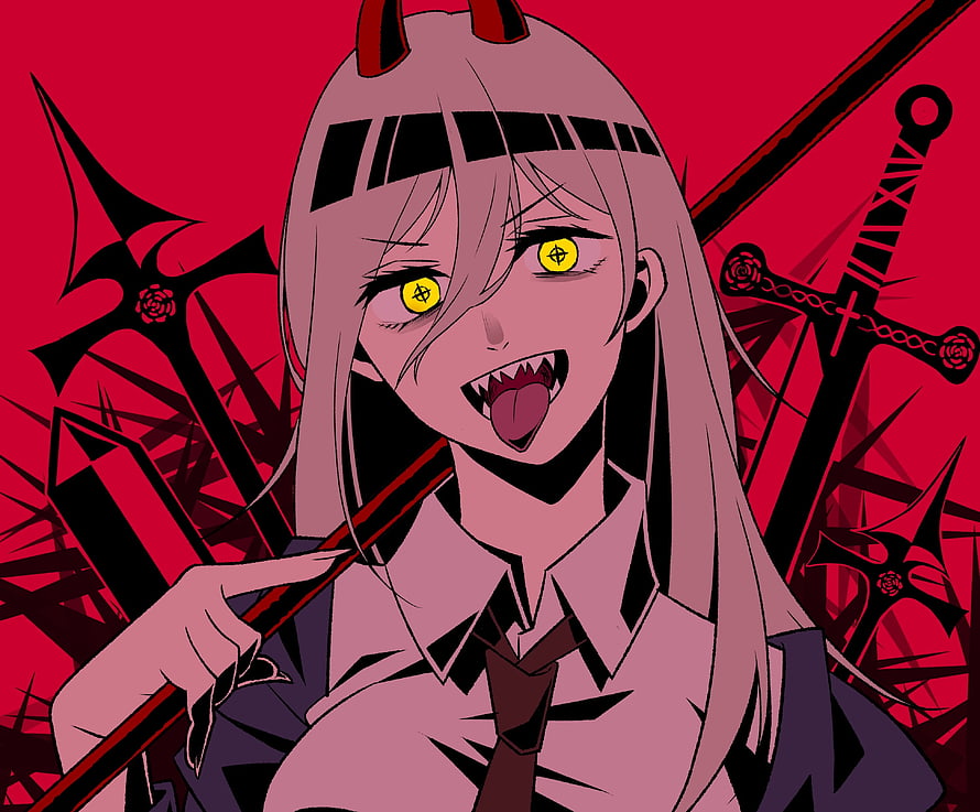 Chainsaw Man Power Anime Character with Red Background and Weapons HD wallpaper