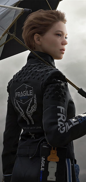 Death Stranding Fragile Character in Black Tactile Suit Holding Umbrella HD phone wallpaper