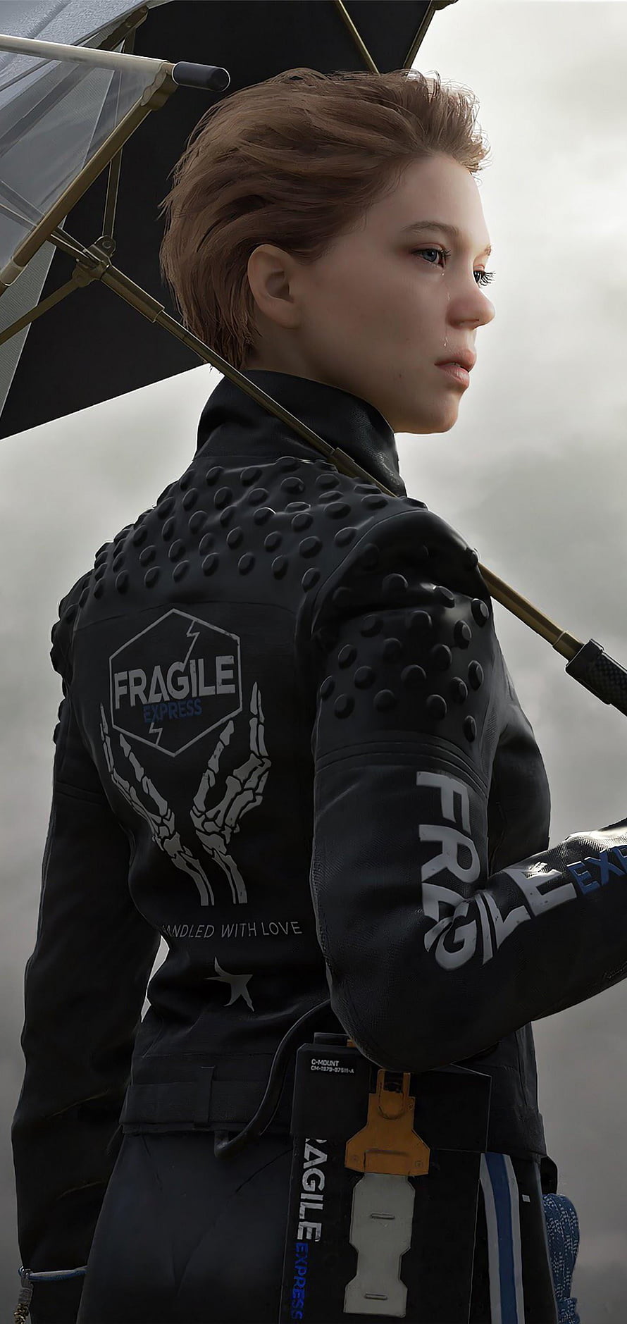 Death Stranding Fragile Character in Black Tactile Suit Holding Umbrella HD phone wallpaper