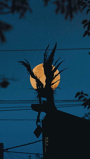 Death Note Ryuk silhouette against a full moon in a starry night sky HD phone wallpaper