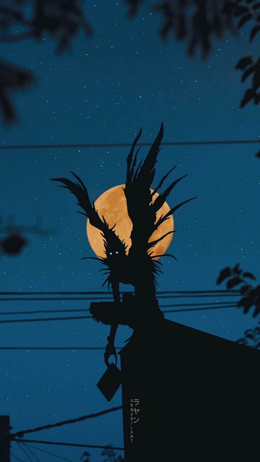 Death Note Ryuk silhouette against a full moon in a starry night sky HD phone wallpaper