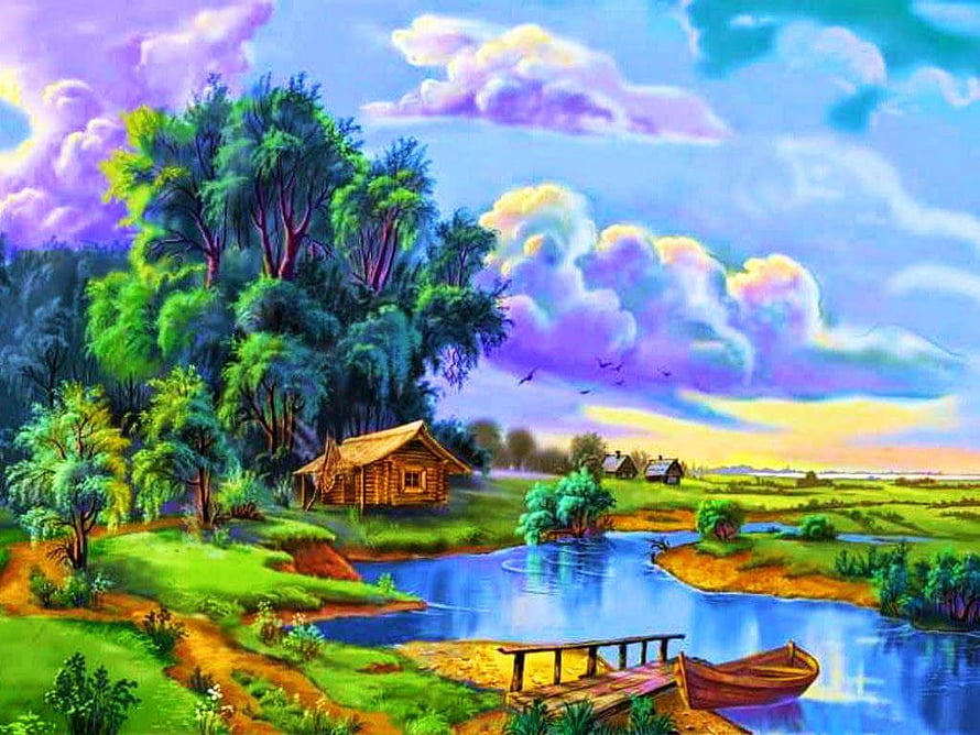 Vibrant Countryside Landscape with Wooden Cabin, River, and Colorful Sky HD wallpaper