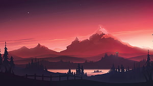 Red Mountain Sunrise Digital Art with Pine Forest and Lake Silhouette HD wallpaper