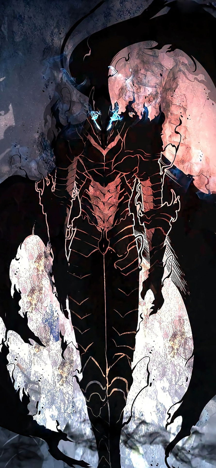 Igris from Solo Leveling in Dark Armor with Glowing Blue Eyes and Ethereal Wings HD phone wallpaper