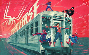 Spider-Verse Subway Train Artwork Featuring Multiple Spider-Man Characters HD wallpaper