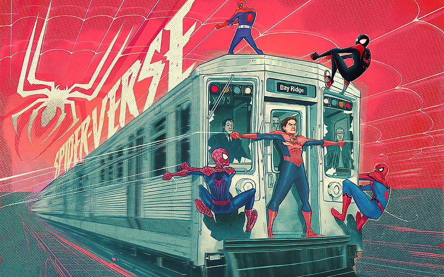 Spider-Verse Subway Train Artwork Featuring Multiple Spider-Man Characters HD wallpaper